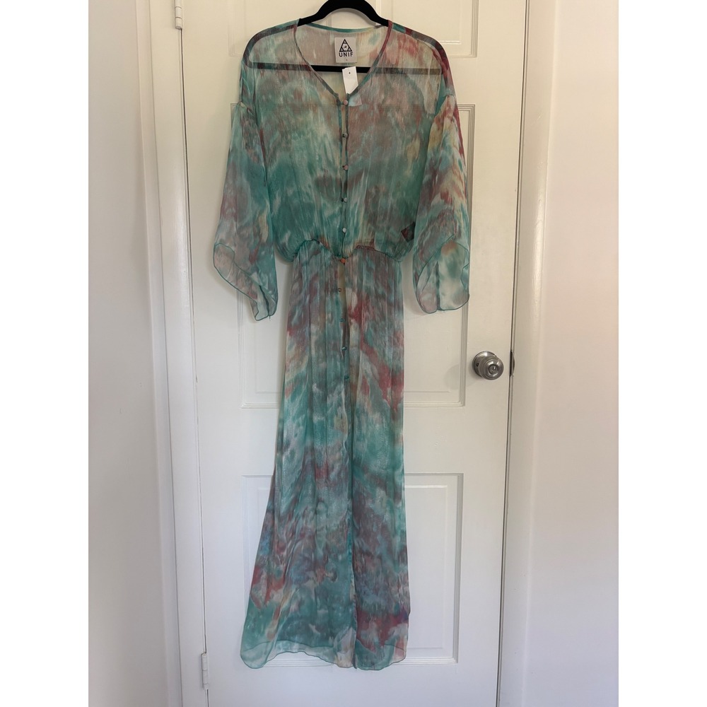 Unif | Teal Multicolor Sheer Watercolor Print Button Front Maxi Dress | Small